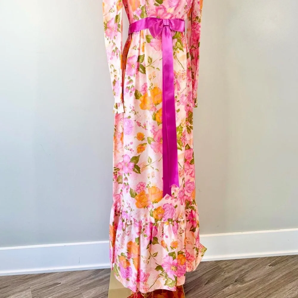Vintage 1960s / 1970s Maxi Dress Watercolor Floral Pink Spring 60s 70s Flower - Picture 3 of 8